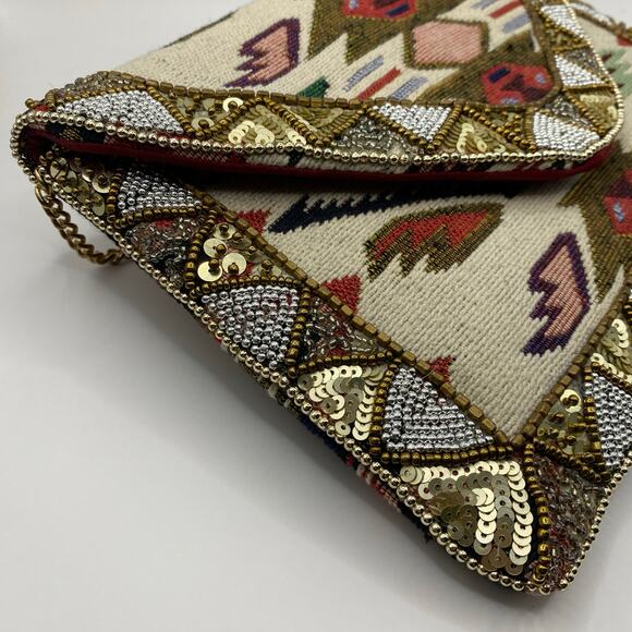 Boho Beaded Sequin Aztec Envelope Clutch Bag Purse Chain Strap Southwestern Art - Picture 4 of 8